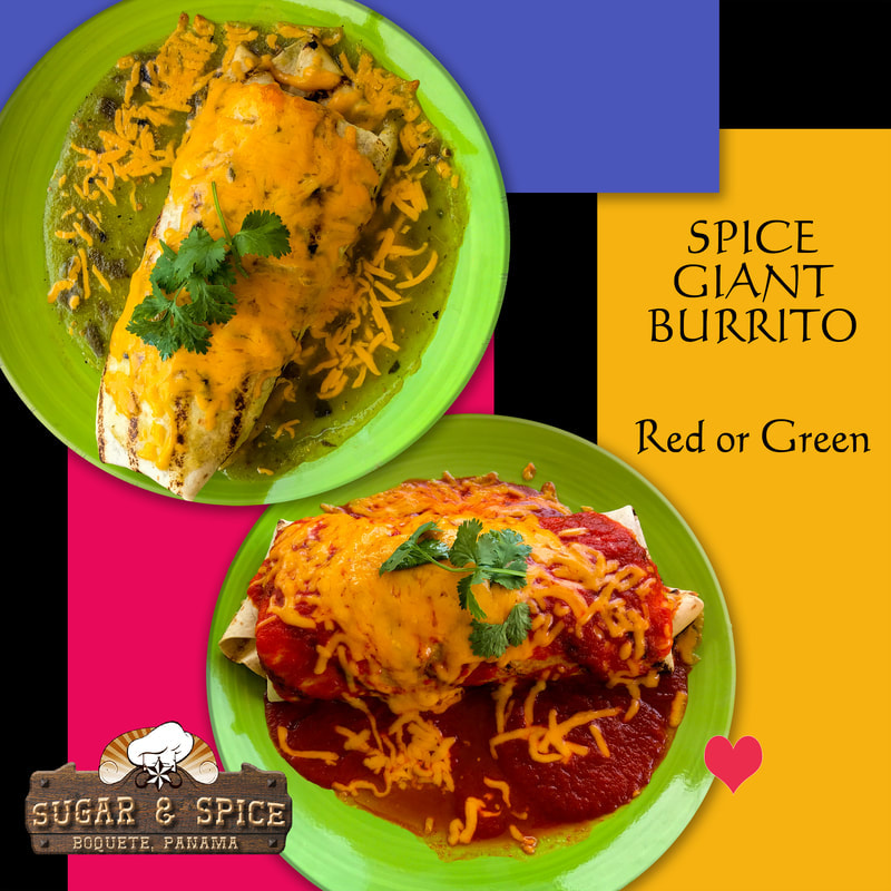 Red and green giant burritos at Sugar & Spice, Boquete, Panama
